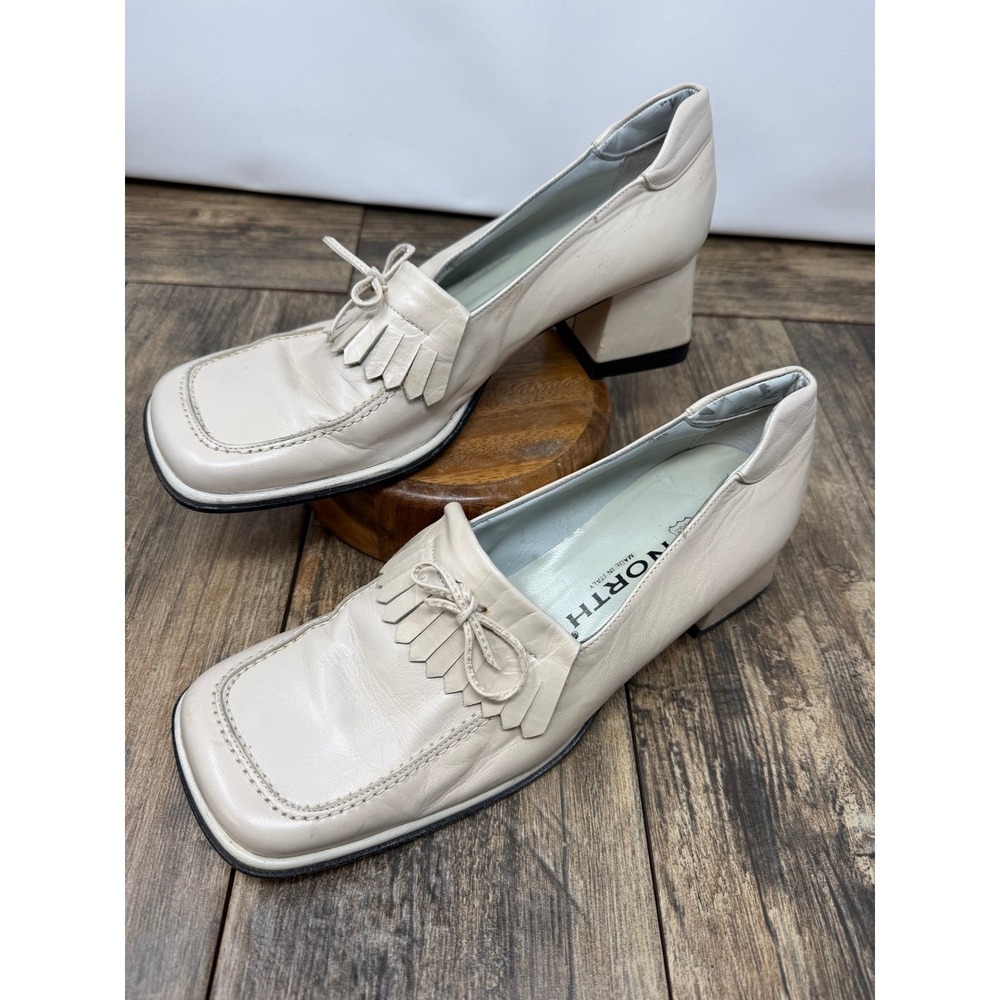 North Italy Cream Leather Kiltie Loafers Square Toe Block Heel Pumps Size 40